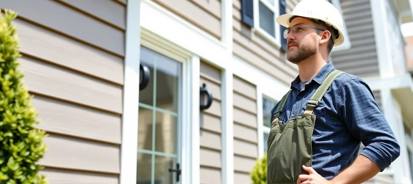 Siding contractor performing a detailed inspection of a home's exterior siding before installation or repair, showcasing expertise and quality service.