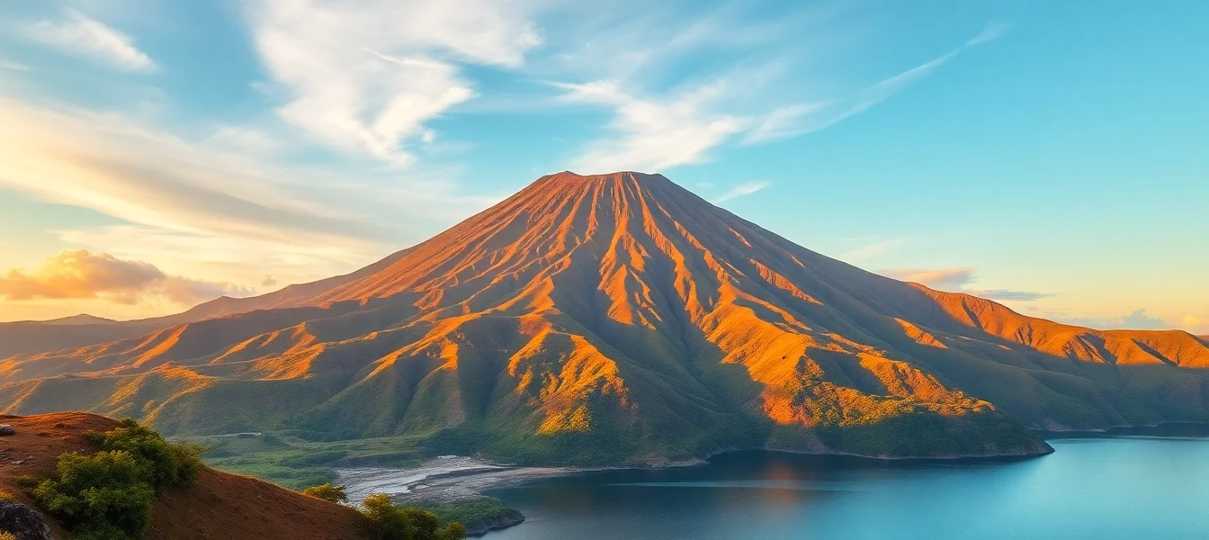 Hikers trekking on Mount Rinjani's scenic trail with panoramic views of the volcano's towering summit and lush landscape, highlighting adventure and natural beauty.