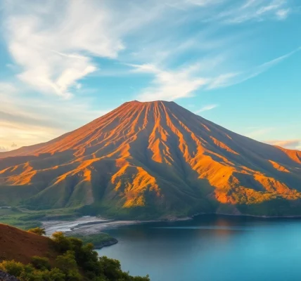 Hikers trekking on Mount Rinjani's scenic trail with panoramic views of the volcano's towering summit and lush landscape, highlighting adventure and natural beauty.