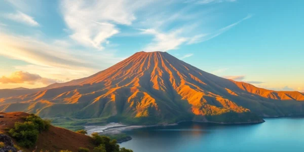 Hikers trekking on Mount Rinjani's scenic trail with panoramic views of the volcano's towering summit and lush landscape, highlighting adventure and natural beauty.