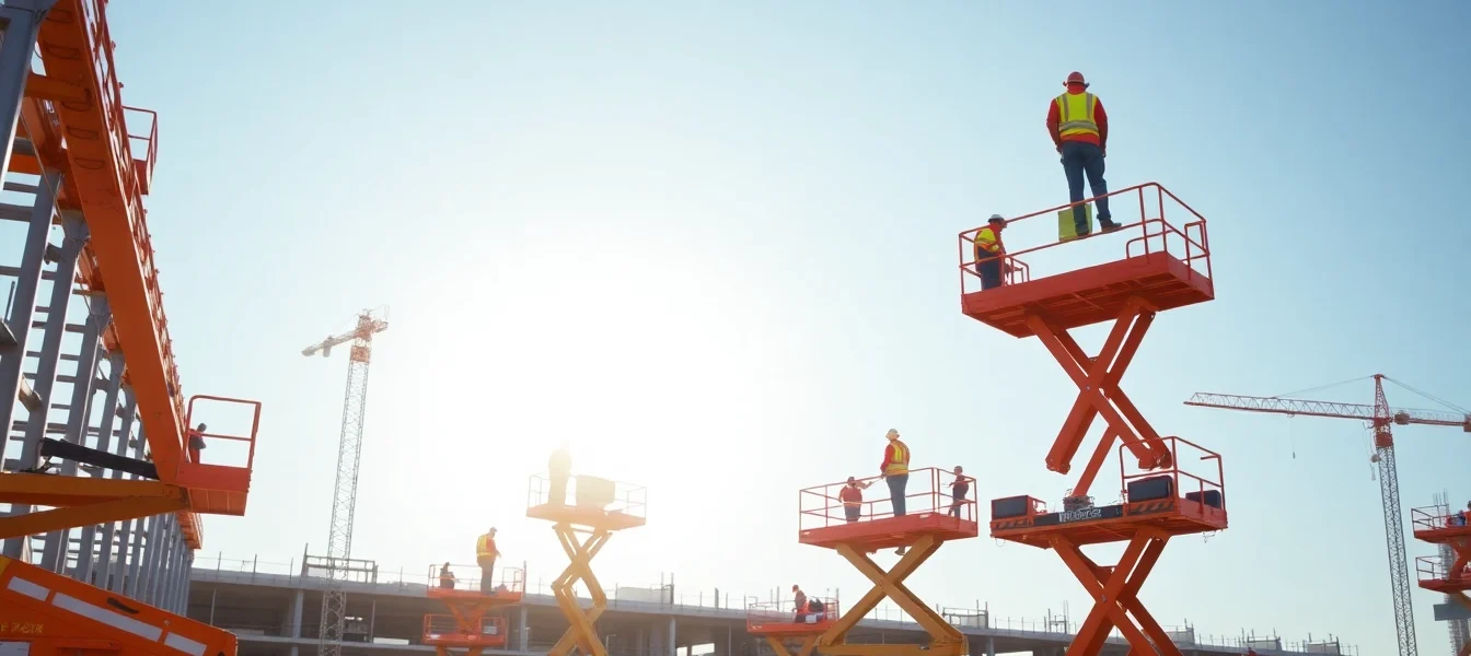 Aerial work platforms rental services showcased with workers operating boom lifts and scissor lifts on a busy construction site for safe elevated access.