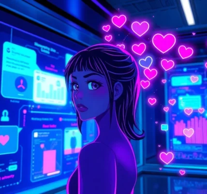 Digital artwork of a futuristic AI chat environment with holographic visuals and a cyberpunk aesthetic.