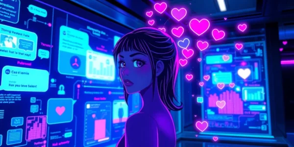 Digital artwork of a futuristic AI chat environment with holographic visuals and a cyberpunk aesthetic.