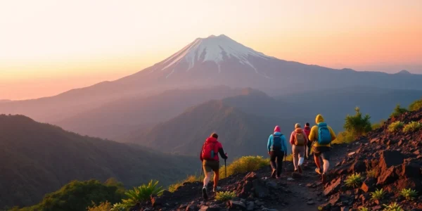 Hikers ascending Mount Rinjani at sunrise with lush greenery and volcanic landscape