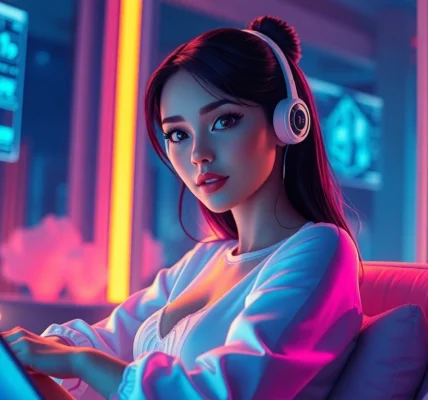 Futuristic AI character in a neon-lit virtual environment with holographic displays and warm ambient lighting.