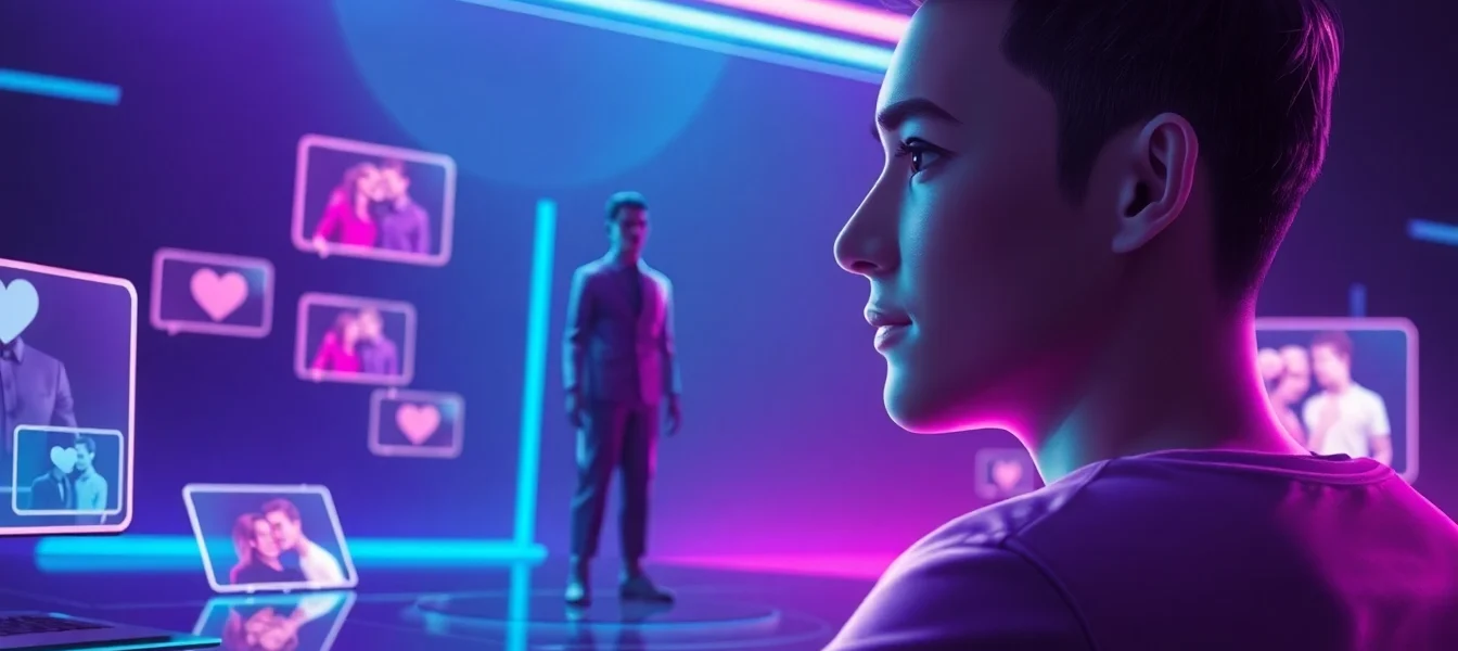 A futuristic digital scene of a user interacting with a holographic AI character in a neon-lit environment.