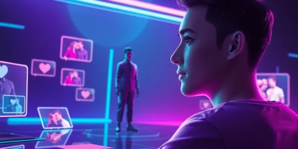 A futuristic digital scene of a user interacting with a holographic AI character in a neon-lit environment.