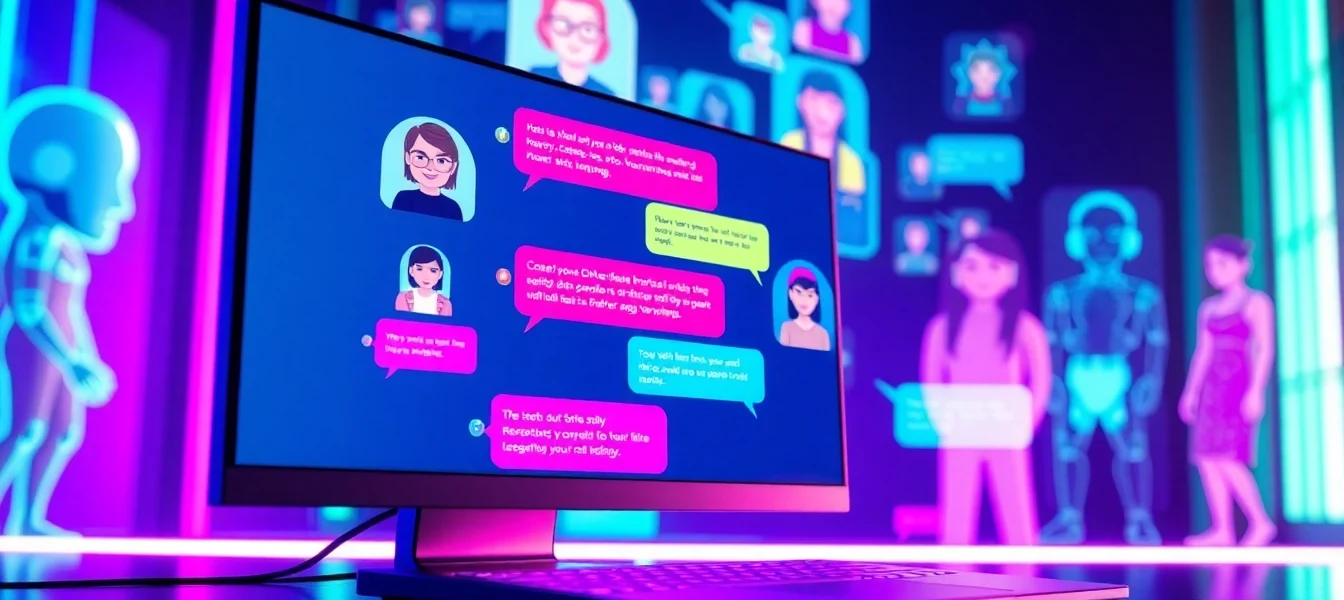 An illustration of a futuristic chat interface with holographic AI avatars in a high-tech setting, glowing neon colors, and a sleek digital environment.