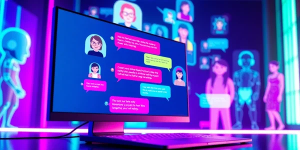 An illustration of a futuristic chat interface with holographic AI avatars in a high-tech setting, glowing neon colors, and a sleek digital environment.