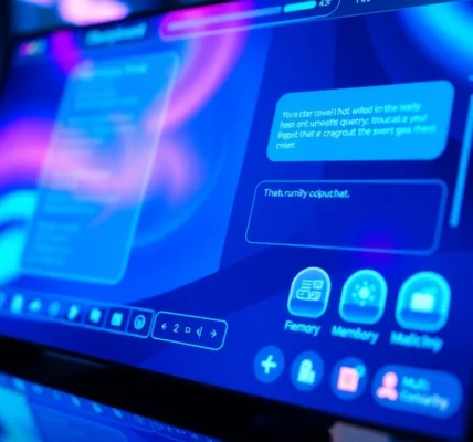 Close-up of a futuristic AI chatbot interface with customization options and vibrant colors.