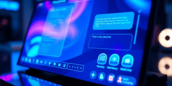 Close-up of a futuristic AI chatbot interface with customization options and vibrant colors.