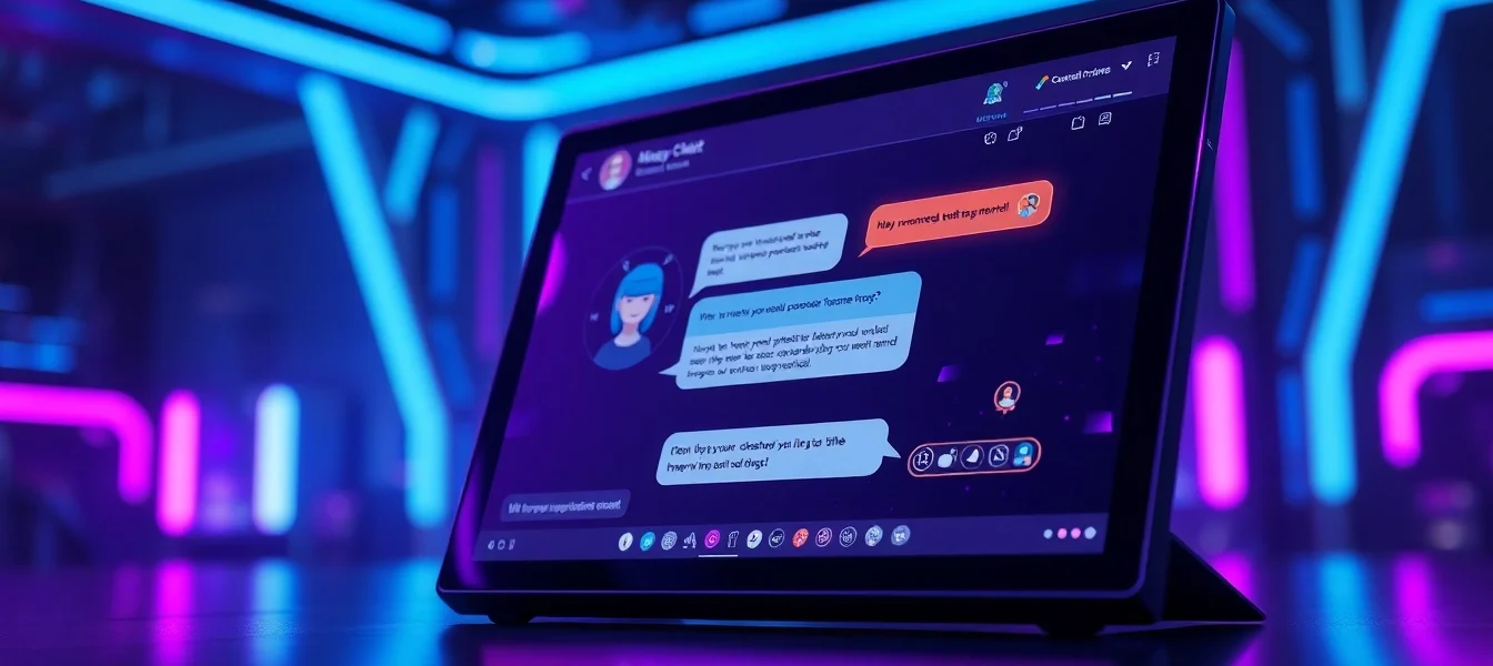 Futuristic AI chatbot interface with customizable character on a neon-lit digital screen.