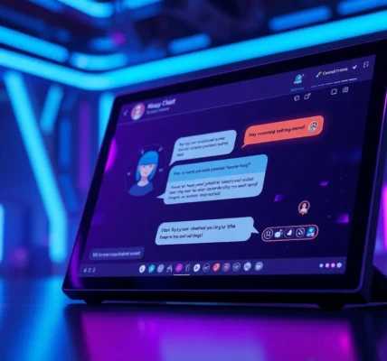 Futuristic AI chatbot interface with customizable character on a neon-lit digital screen.