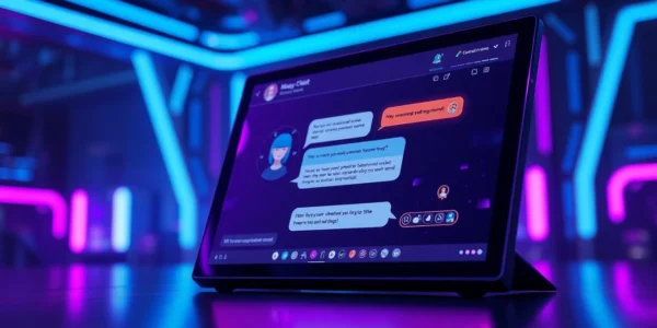Futuristic AI chatbot interface with customizable character on a neon-lit digital screen.