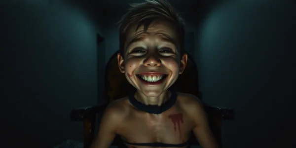 A disturbing scene of Harvey restrained in a dimly lit room, showing his distress and the dark mood of the game.