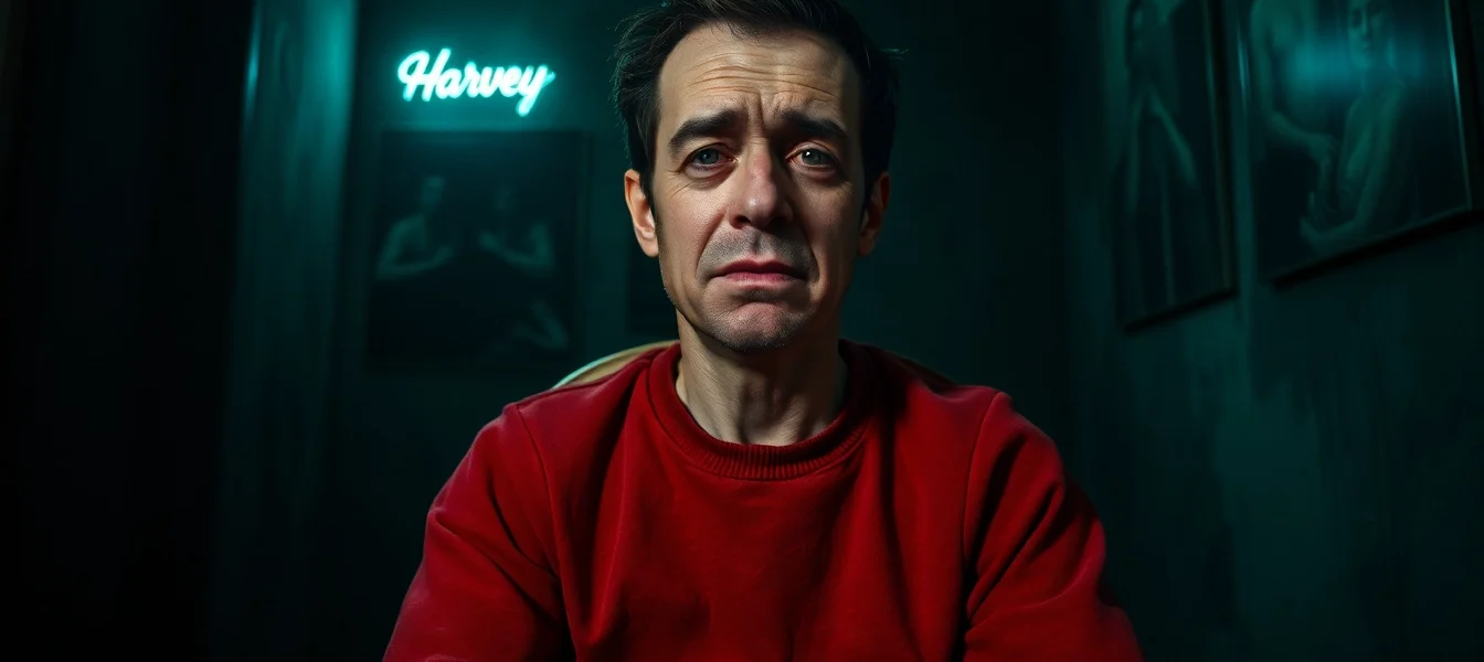 A distressed Harvey sitting in a dark, eerie room, showing pain and suffering with a disturbing atmosphere.