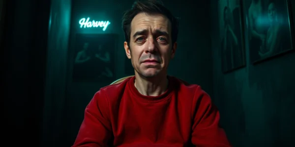 A distressed Harvey sitting in a dark, eerie room, showing pain and suffering with a disturbing atmosphere.