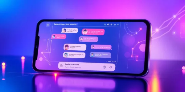 Futuristic digital chat interface with colorful speech bubbles on a modern device screen, emphasizing AI conversation and customization features.