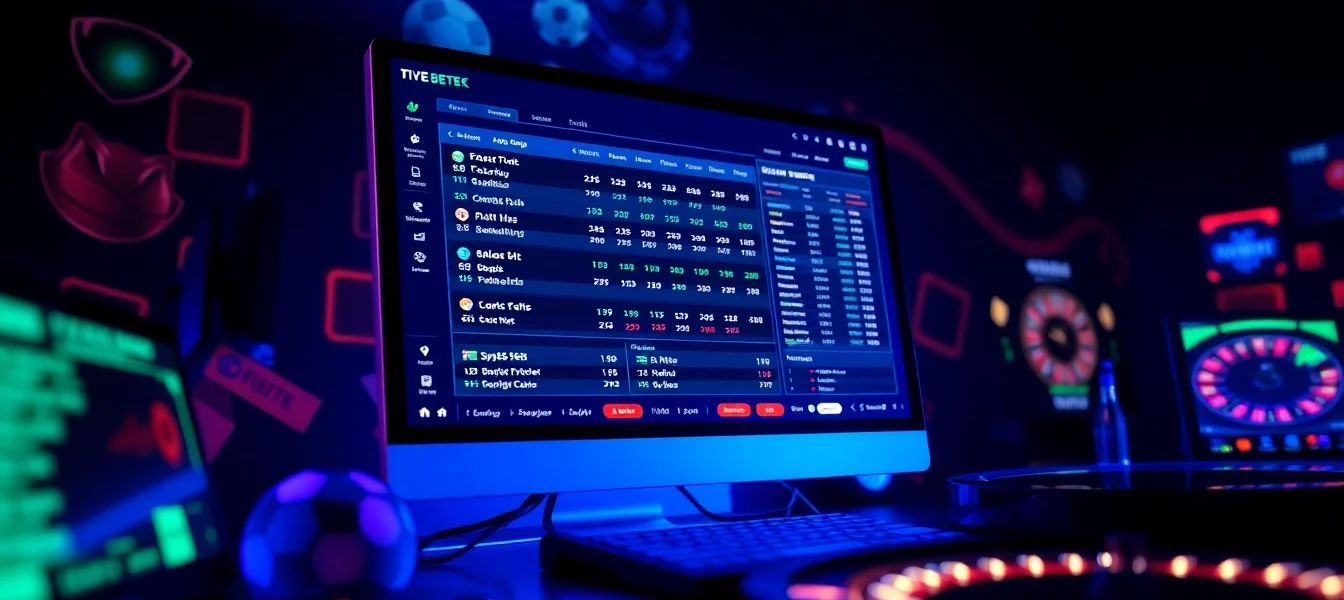 An online sportsbook and casino platform with a digital interface showing live betting odds and sports icons, illuminated by neon lights against a dark background.