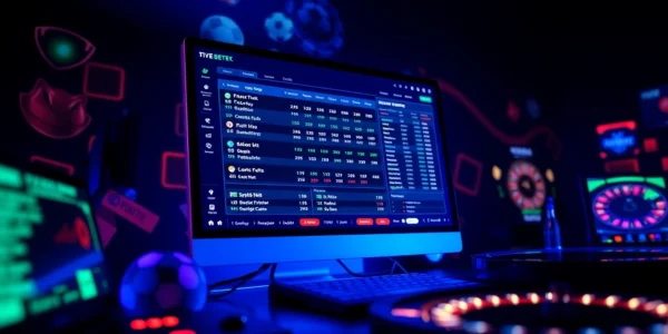 An online sportsbook and casino platform with a digital interface showing live betting odds and sports icons, illuminated by neon lights against a dark background.