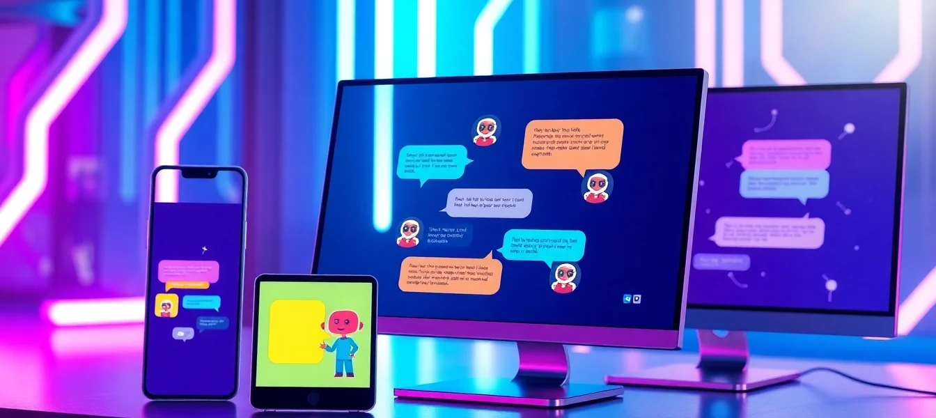 Futuristic AI chatbot interface on multiple devices with vibrant neon accents and holographic digital effects.