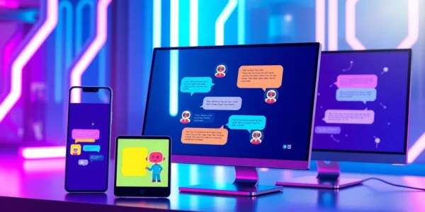 Futuristic AI chatbot interface on multiple devices with vibrant neon accents and holographic digital effects.