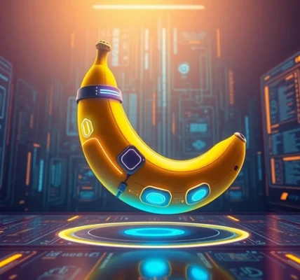 Futuristic digital AI interface with a stylized banana and neon data streams