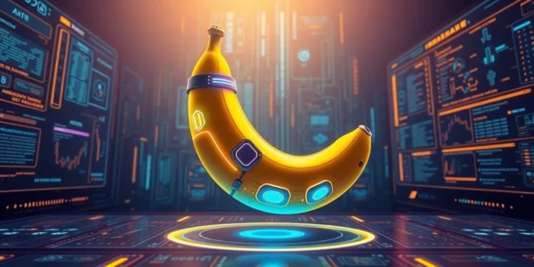 Futuristic digital AI interface with a stylized banana and neon data streams