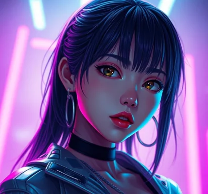 Hyper-realistic and anime-inspired NSFW AI character with vibrant neon background and detailed textures.