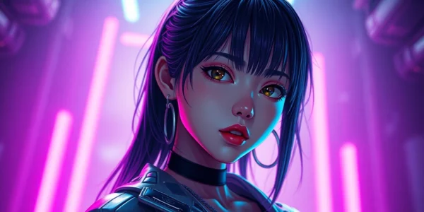 Hyper-realistic and anime-inspired NSFW AI character with vibrant neon background and detailed textures.