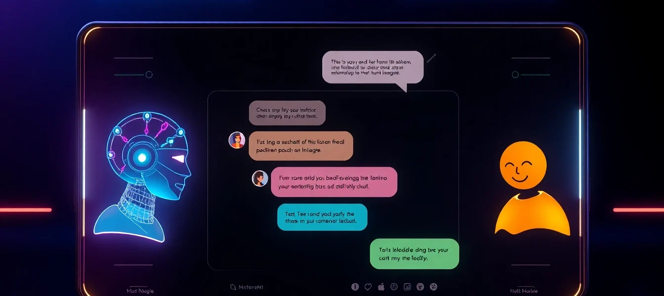 Digital illustration of AI chat interface with vibrant characters and glowing neon background.