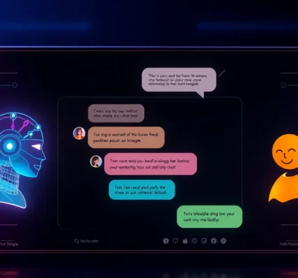 Digital illustration of AI chat interface with vibrant characters and glowing neon background.