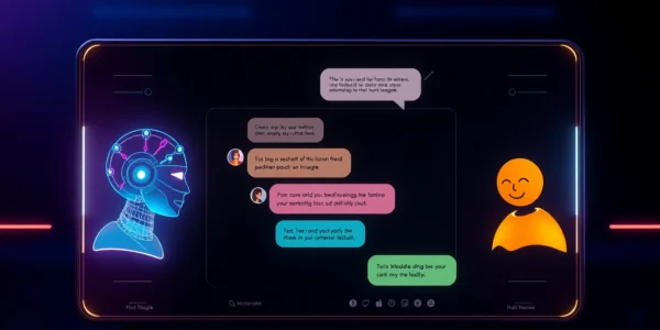 Digital illustration of AI chat interface with vibrant characters and glowing neon background.