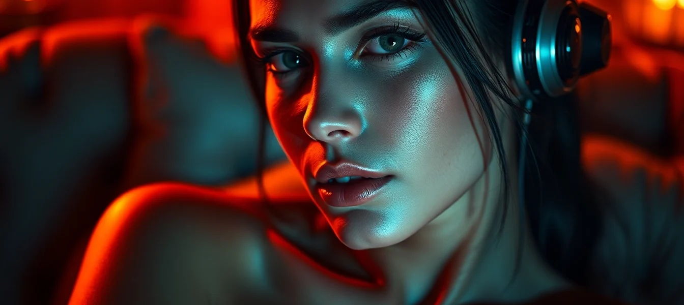 Seductive AI chatbot character in a dimly lit, intimate setting with warm lighting and futuristic textures.