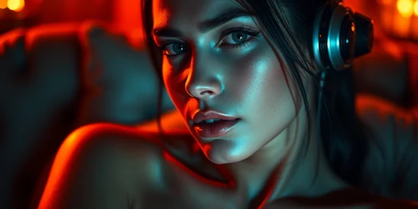 Seductive AI chatbot character in a dimly lit, intimate setting with warm lighting and futuristic textures.