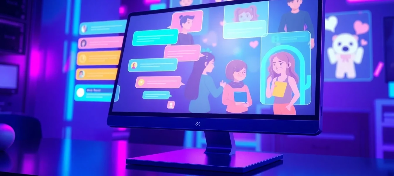 Futuristic chatbot interface with animated AI characters engaging in conversation, holographic projections, neon colors, and high-tech ambiance.