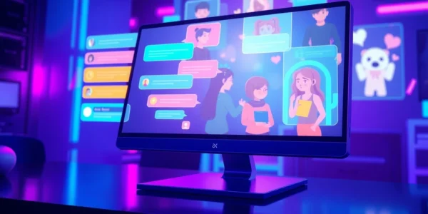 Futuristic chatbot interface with animated AI characters engaging in conversation, holographic projections, neon colors, and high-tech ambiance.