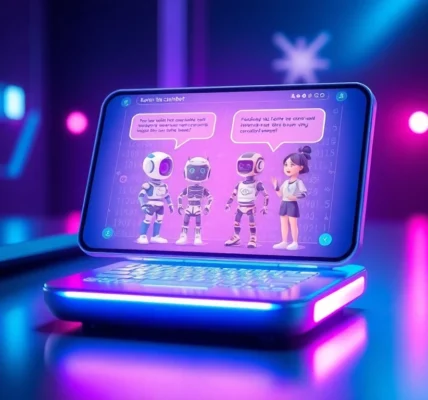 Futuristic AI chat interface on a sleek device with colorful holographic characters and digital background