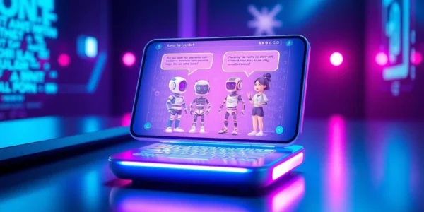 Futuristic AI chat interface on a sleek device with colorful holographic characters and digital background