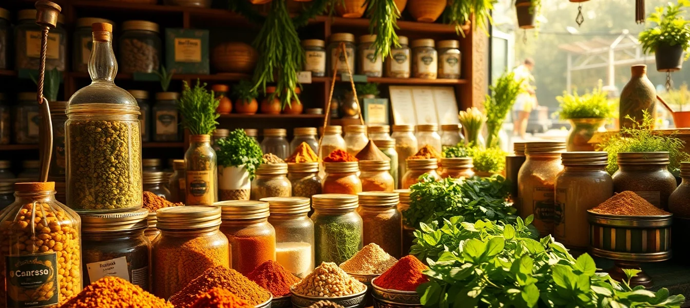 Manufacturer showcasing a colorful spice production facility with fresh herbs and spice powders