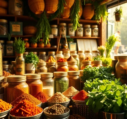 Manufacturer showcasing a colorful spice production facility with fresh herbs and spice powders
