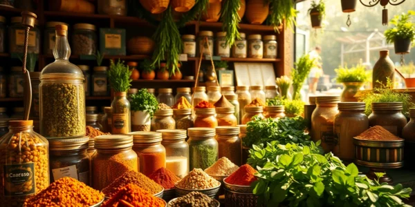 Manufacturer showcasing a colorful spice production facility with fresh herbs and spice powders