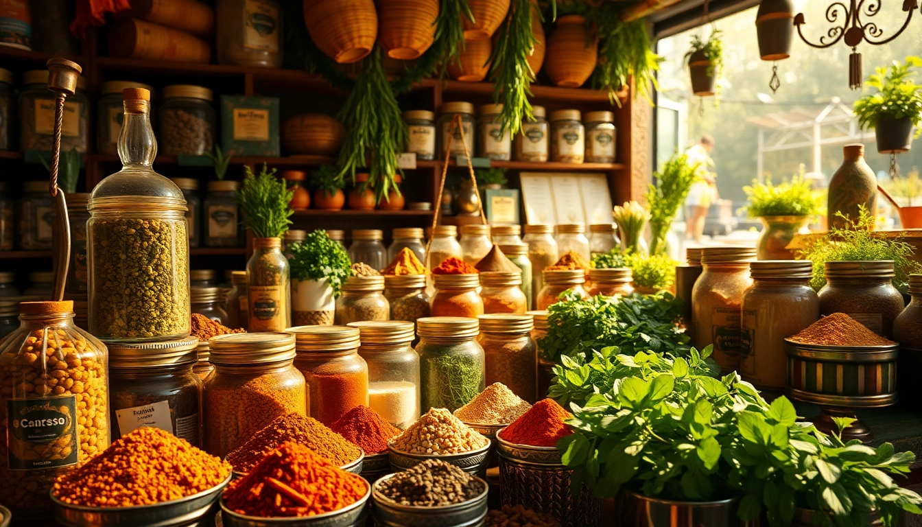 Manufacturer showcasing a colorful spice production facility with fresh herbs and spice powders